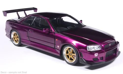 Model auta Nissan Skyline GT-R (R34), fialová, 2002. Mierka 1:18. Model auta Nissan Skyline GT-R (R34), fialová, 2002. Mierka 1:18.