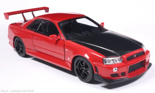 Model auta Nissan Skyline GT-R (R34), červená, 2002. Mierka 1:18. Model auta Nissan Skyline GT-R (R34), červená, 2002. Mierka 1:18.